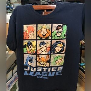 Six Flags Justice League Graphic Tee L/XL Blue Grey